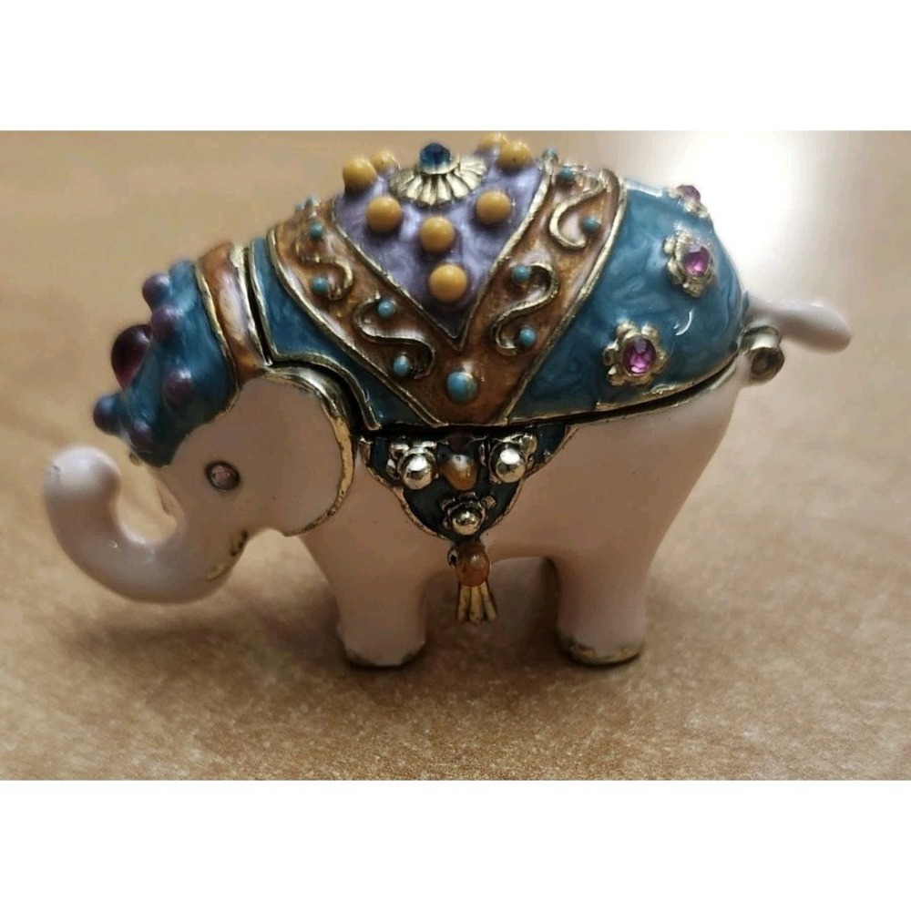 Monet Enamel Elephant Trinket Box Rhinestone Shell Hinged Animal Vintage